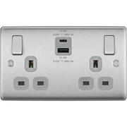 BG Electrical Nexus Metal Brushed Steel - Double switched single pole, with USB A + C (22W)