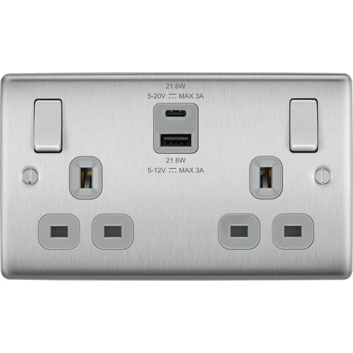 BG Electrical Nexus Metal Brushed Steel - Double switched single pole, with USB A + C (22W)