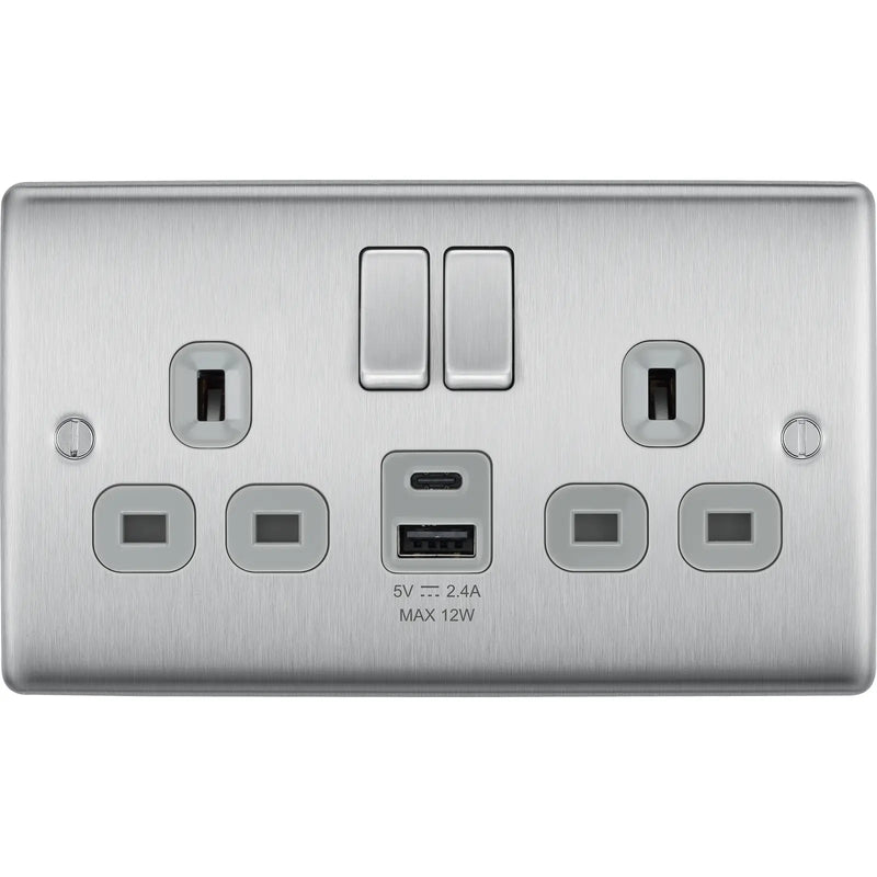 BG Electrical Nexus Metal Brushed Steel - Double switched single pole, with USB A + C (12W)