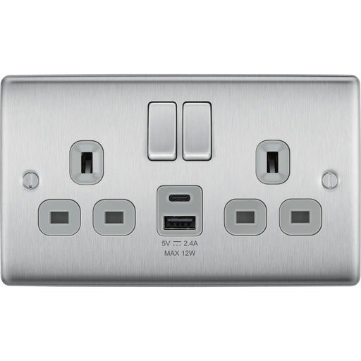 BG Electrical Nexus Metal Brushed Steel - Double switched single pole, with USB A + C (12W)