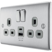 BG Electrical Nexus Metal Brushed Steel - Double switched single pole, with USB A + C (12W)