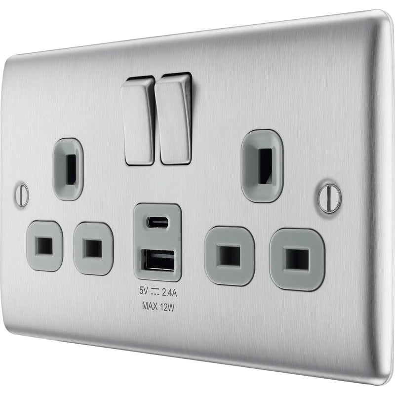 BG Electrical Nexus Metal Brushed Steel - Double switched single pole, with USB A + C (12W)