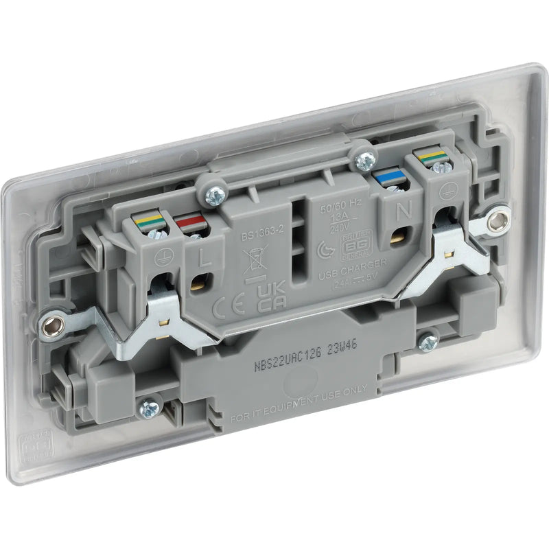 BG Electrical Nexus Metal Brushed Steel - Double switched single pole, with USB A + C (12W)