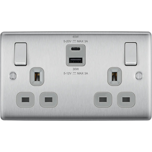 BG Electrical Nexus Metal Brushed Steel - Double switched single pole, with USB A + C (45W)