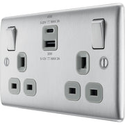 BG Electrical Nexus Metal Brushed Steel - Double switched single pole, with USB A + C (45W)