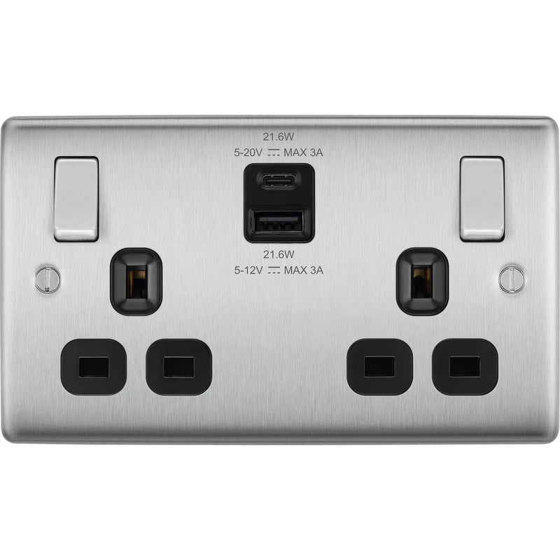BG Electrical Nexus Metal Brushed Steel - Double switched single pole, with USB A + C (22W)