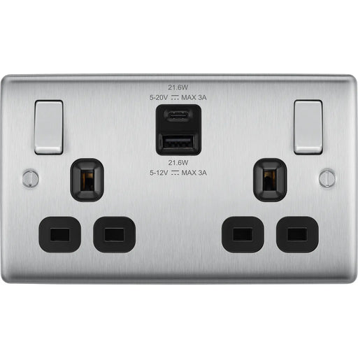 BG Electrical Nexus Metal Brushed Steel - Double switched single pole, with USB A + C (22W)