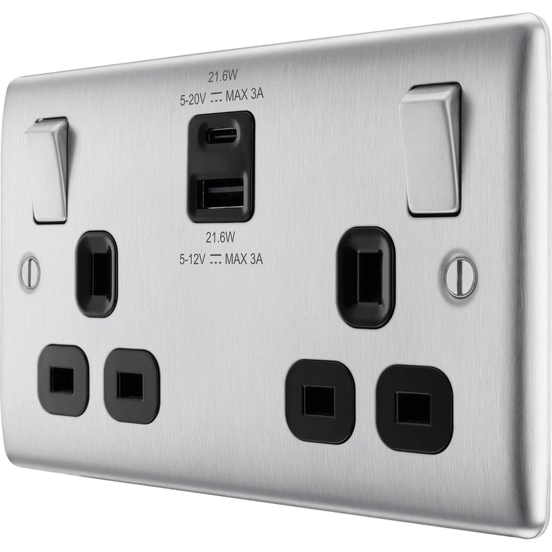 BG Electrical Nexus Metal Brushed Steel - Double switched single pole, with USB A + C (22W)