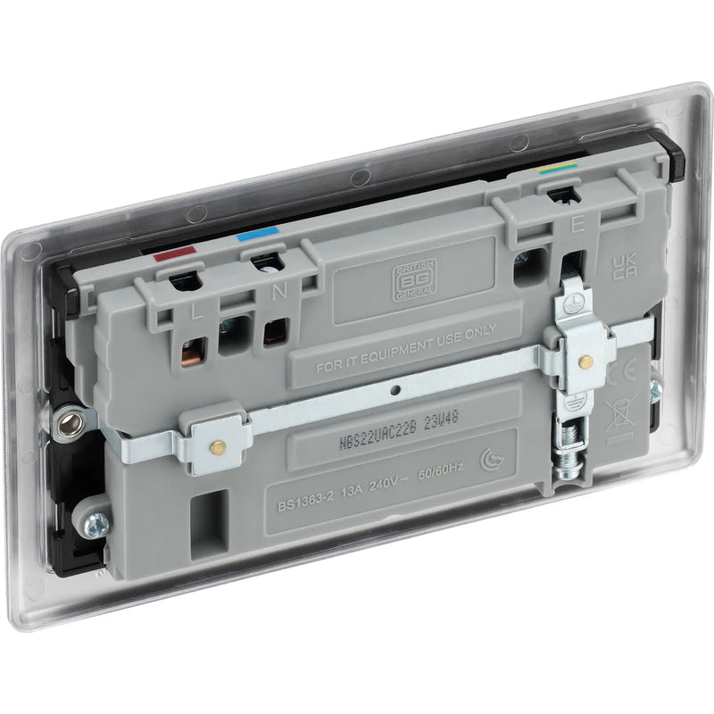 BG Electrical Nexus Metal Brushed Steel - Double switched single pole, with USB A + C (22W)