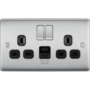 BG Electrical Nexus Metal Brushed Steel - Double switched single pole, with USB A + C (12W)