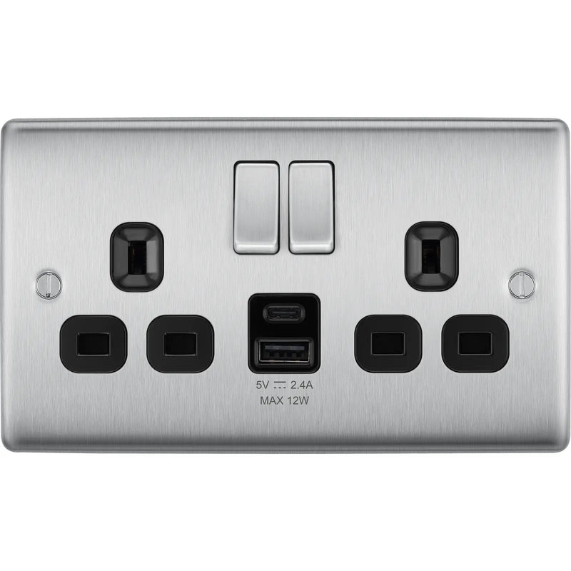 BG Electrical Nexus Metal Brushed Steel - Double switched single pole, with USB A + C (12W)