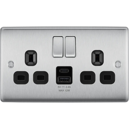 BG Electrical Nexus Metal Brushed Steel - Double switched single pole, with USB A + C (12W)