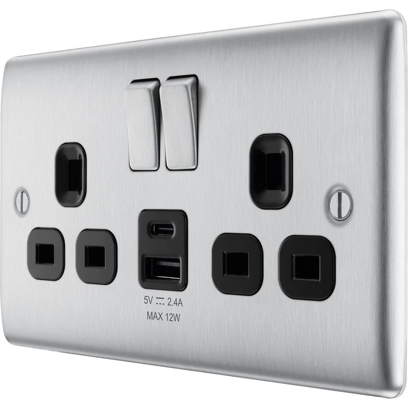 BG Electrical Nexus Metal Brushed Steel - Double switched single pole, with USB A + C (12W)