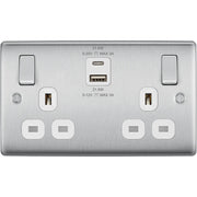 BG Electrical Nexus Metal Brushed Steel - Double switched single pole, with USB A + C (22W)