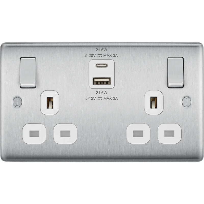 BG Electrical Nexus Metal Brushed Steel - Double switched single pole, with USB A + C (22W)