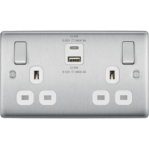 BG Electrical Nexus Metal Brushed Steel - Double switched single pole, with USB A + C (22W)