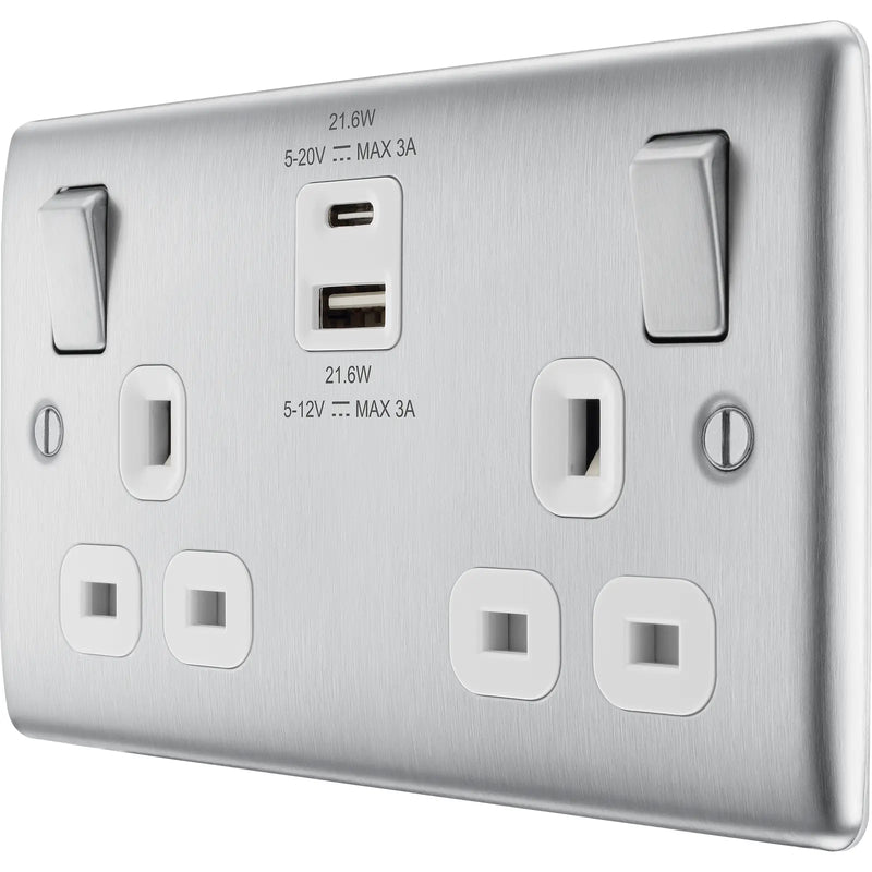 BG Electrical Nexus Metal Brushed Steel - Double switched single pole, with USB A + C (22W)
