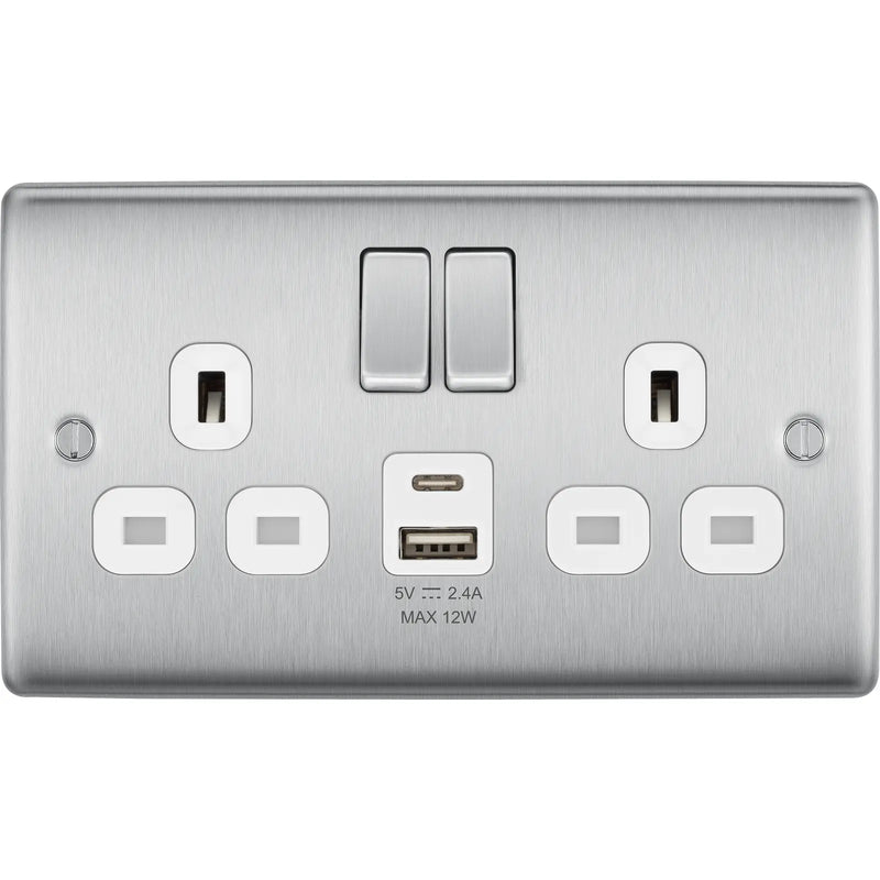 BG Electrical Nexus Metal Brushed Steel - Double switched single pole, with USB A + C (12W)