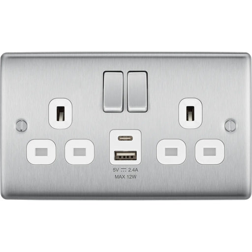 BG Electrical Nexus Metal Brushed Steel - Double switched single pole, with USB A + C (12W)