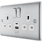 BG Electrical Nexus Metal Brushed Steel - Double switched single pole, with USB A + C (12W)