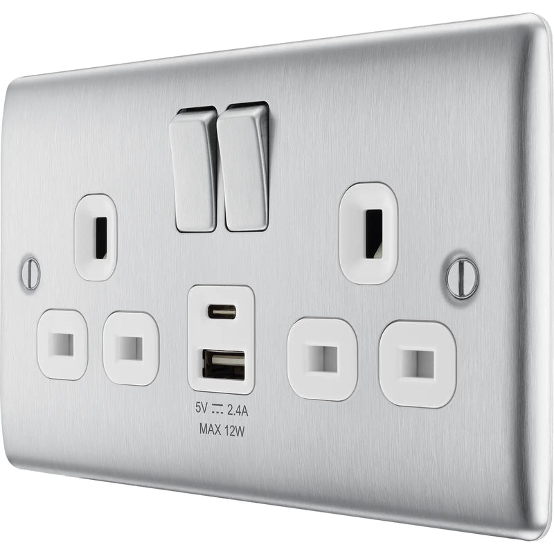 BG Electrical Nexus Metal Brushed Steel - Double switched single pole, with USB A + C (12W)