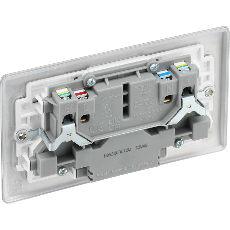 BG Electrical Nexus Metal Brushed Steel - Double switched single pole, with USB A + C (12W)