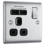 BG Electrical Nexus Metal Brushed Steel - Single switched, single pole, with 2 x USB A