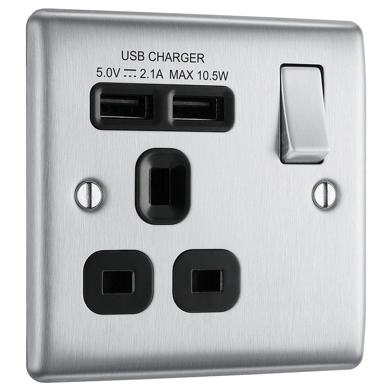 BG Electrical Nexus Metal Brushed Steel - Single switched, single pole, with 2 x USB A