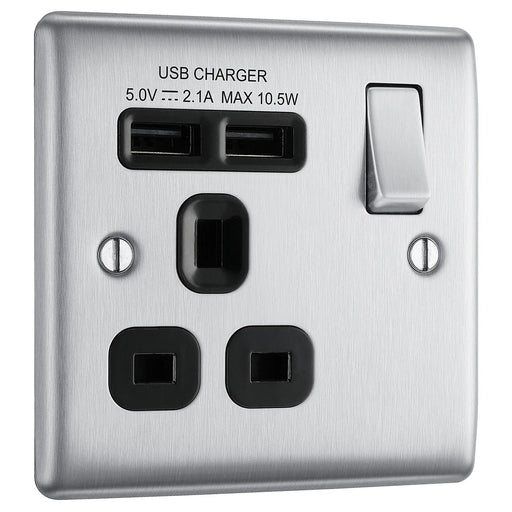 BG Electrical Nexus Metal Brushed Steel - Single switched, single pole, with 2 x USB A