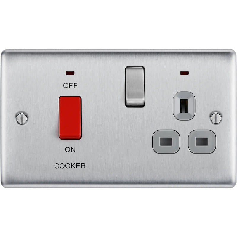 BG Electrical Nexus Metal Brushed Steel - 45A double pole, with switched socket and indicators
