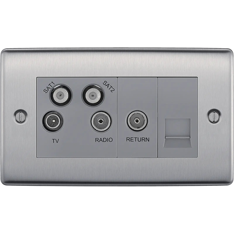 BG Electrical Nexus Metal Brushed Steel - Quadplex, 2 x sat, BT outlet and co-ax returned - screened