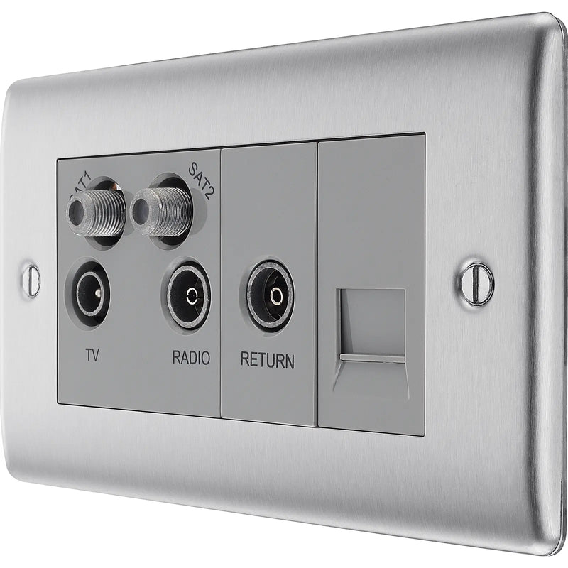 BG Electrical Nexus Metal Brushed Steel - Quadplex, 2 x sat, BT outlet and co-ax returned - screened