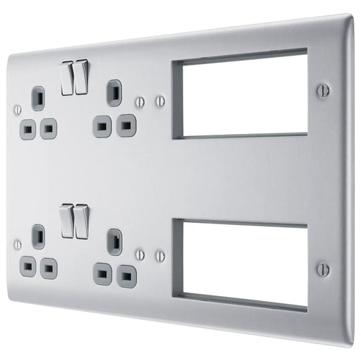 BG Electrical Nexus Metal Brushed Steel - Combination plate, 2 x double socket, 8 module aperture