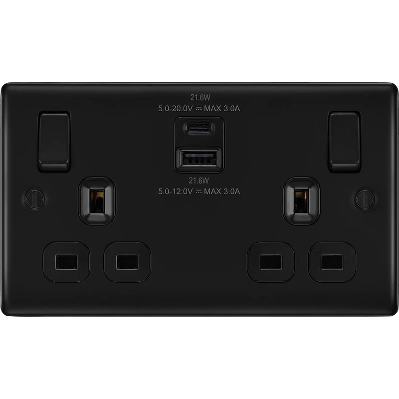 BG Electrical Nexus Metal Matt Black - Double switched single pole, with USB A + C (22W)
