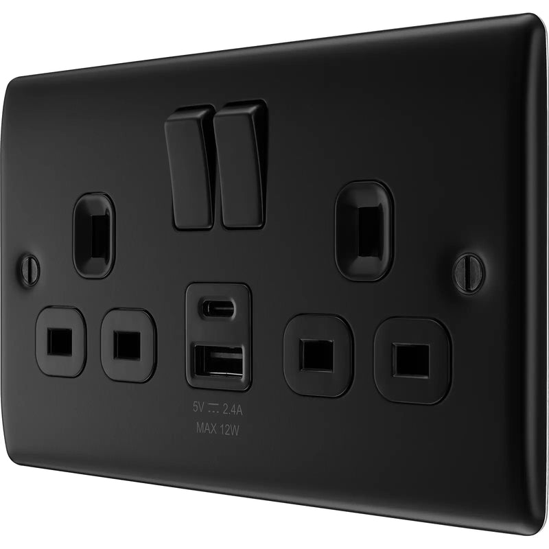 BG Electrical Nexus Metal Matt Black - Double switched single pole, with USB A + C (12W)