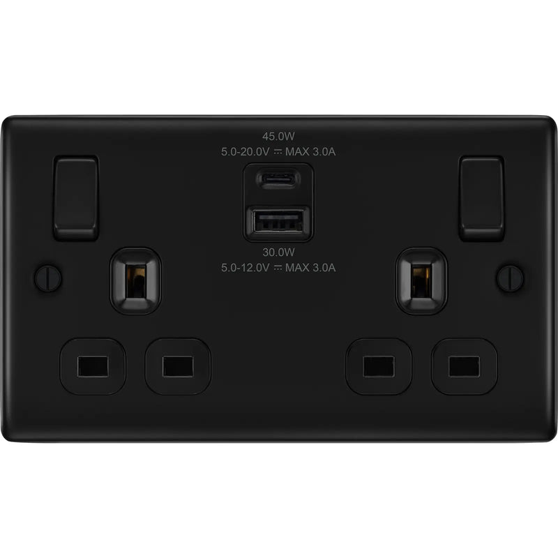 BG Electrical Nexus Metal Matt Black - Double switched single pole, with USB A + C (45W)