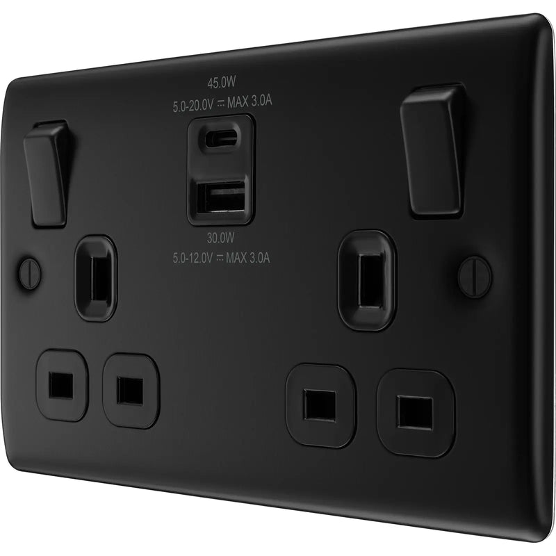 BG Electrical Nexus Metal Matt Black - Double switched single pole, with USB A + C (45W)