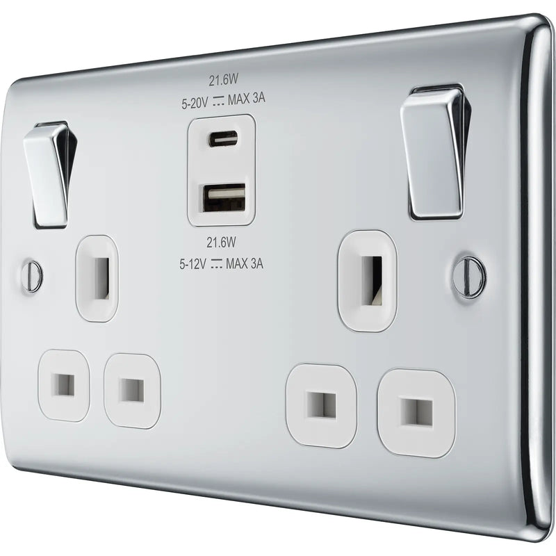 BG Electrical Nexus Metal Polished Chrome - Double switched single pole, with USB A + C (22W)