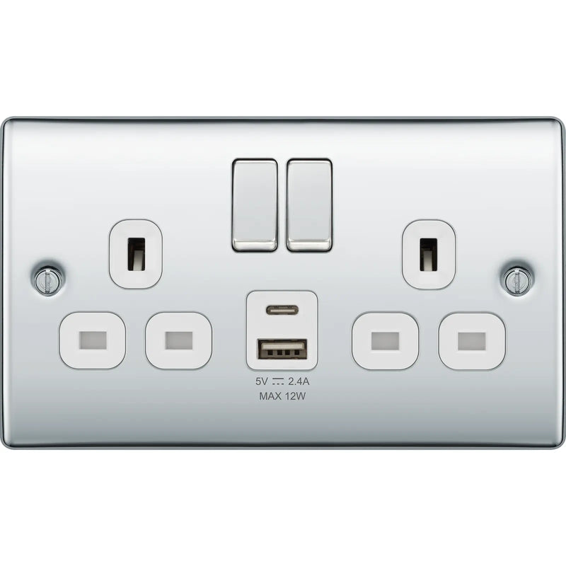 BG Electrical Nexus Metal Polished Chrome - Double switched single pole, with USB A + C (12W)