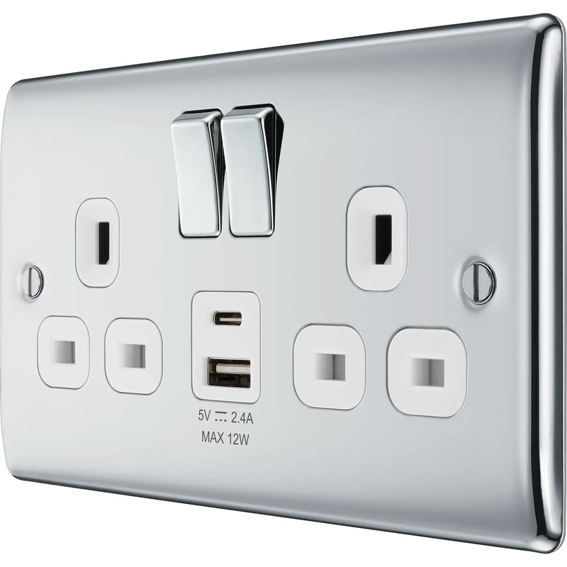 BG Electrical Nexus Metal Polished Chrome - Double switched single pole, with USB A + C (12W)