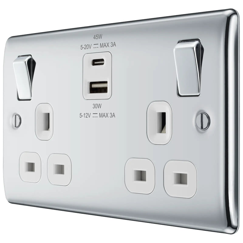 BG Electrical Nexus Metal Polished Chrome - Double switched single pole, with USB A + C (45W)