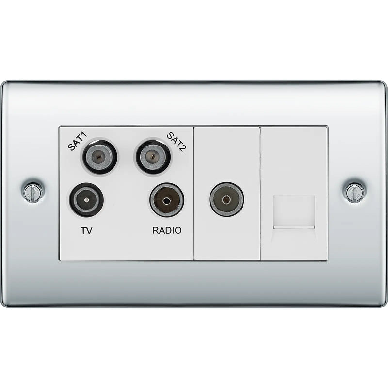 BG Electrical Nexus Metal Polished Chrome - Quadplex, 2 x sat, BT outlet and co-ax returned - screened