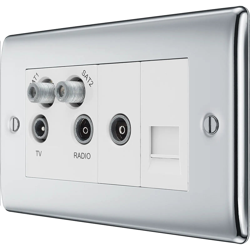 BG Electrical Nexus Metal Polished Chrome - Quadplex, 2 x sat, BT outlet and co-ax returned - screened