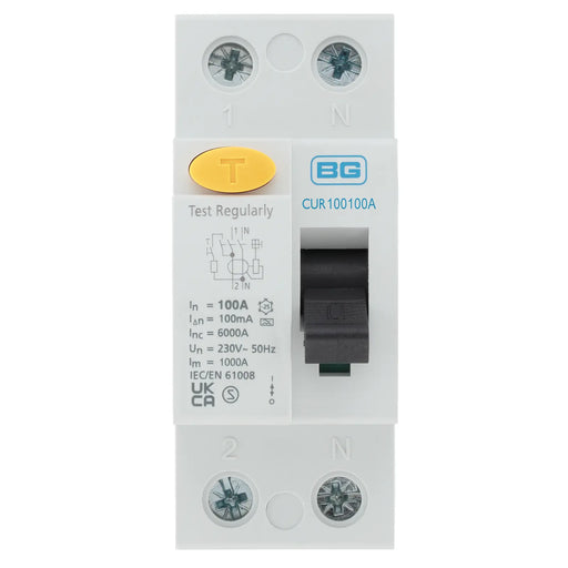 BG Circuit Protection RCD - Type A, Bidirectional RCD, Double Pole, 100A, 100mA, 2 module