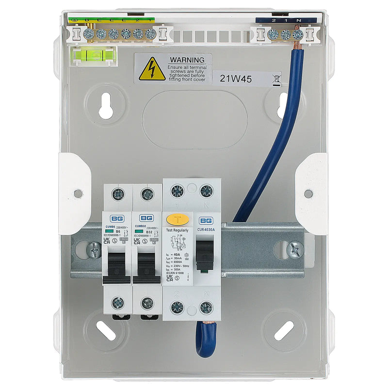 BG Circuit Protection IP20 Non Weatherproof - 4 module, 2 way, 40A Type A RCD, 2 MCB's