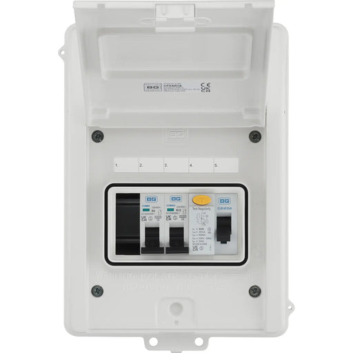 BG Circuit Protection IP65 Weatherproof - 5 module, 3 way, 40A Type A RCD, 2 MCB's