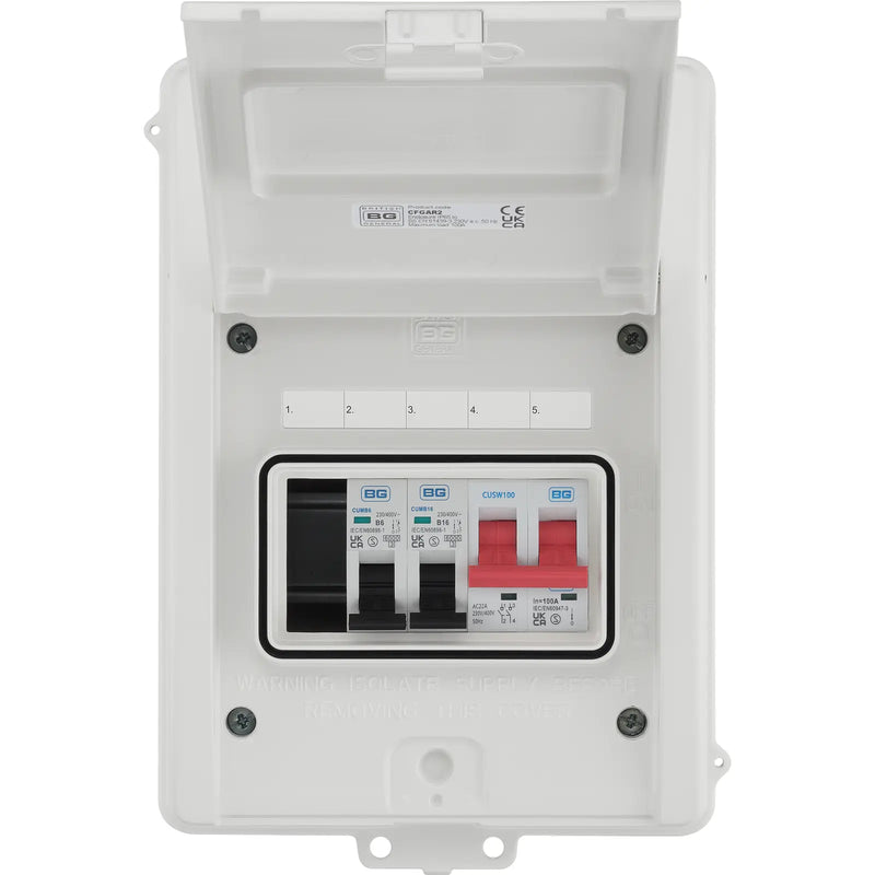 BG Circuit Protection IP65 Weatherproof - 5 module, 3 way, 100A Main Switch, 2 MCB's