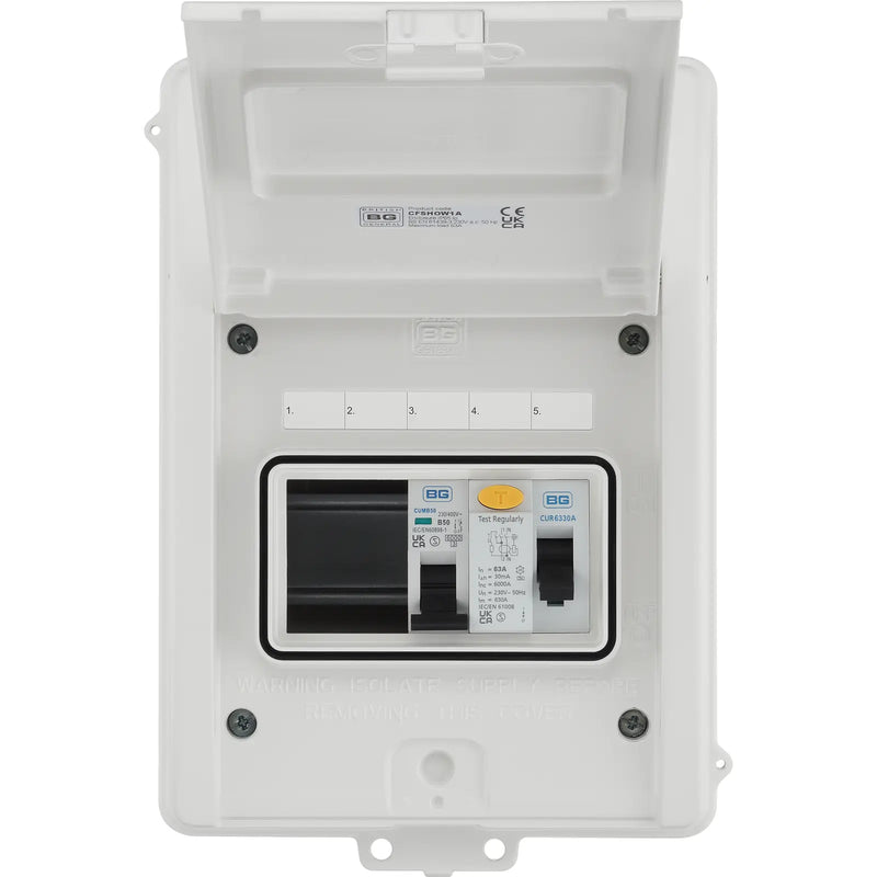 BG Circuit Protection IP65 Weatherproof - 5 module, 3 way, 63A Type A RCD, 1 MCB