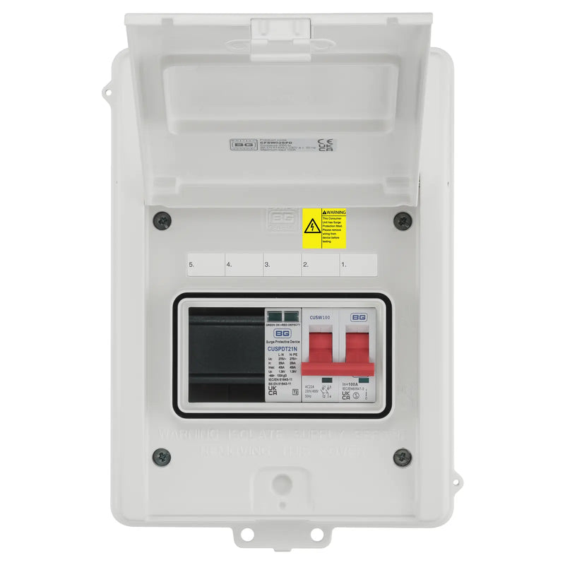 BG Circuit Protection IP65 Weatherproof - 5 module, 2 way, 100A Main Switch, Type 2 SPD