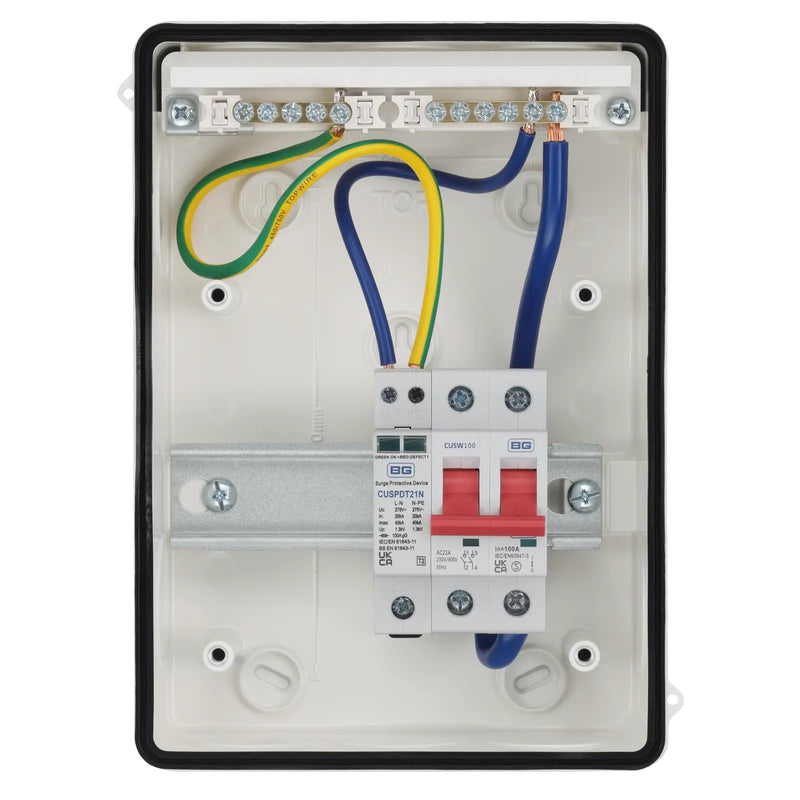 BG Circuit Protection IP65 Weatherproof - 5 module, 2 way, 100A Main Switch, Type 2 SPD